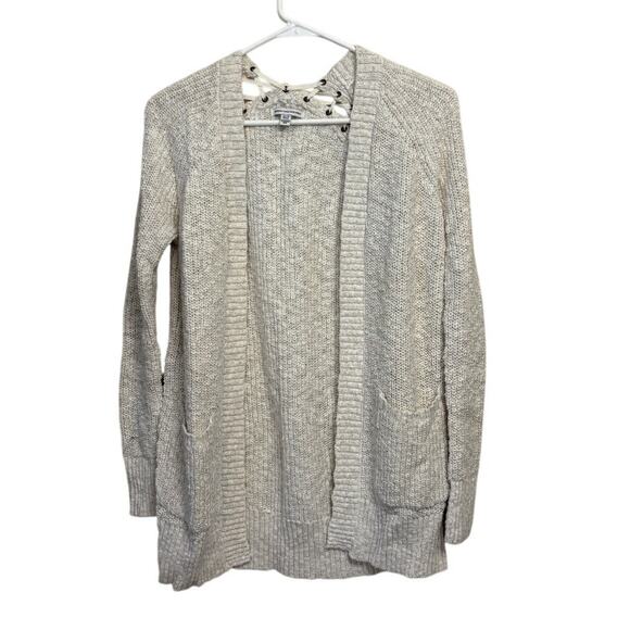 American Eagle Cardigan Sweater Eyelet Lace Up Back Detail Open Front Beige XS - Picture 1 of 7